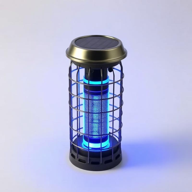 Cylindrical solar bug zapper with metal cage and blue UV core