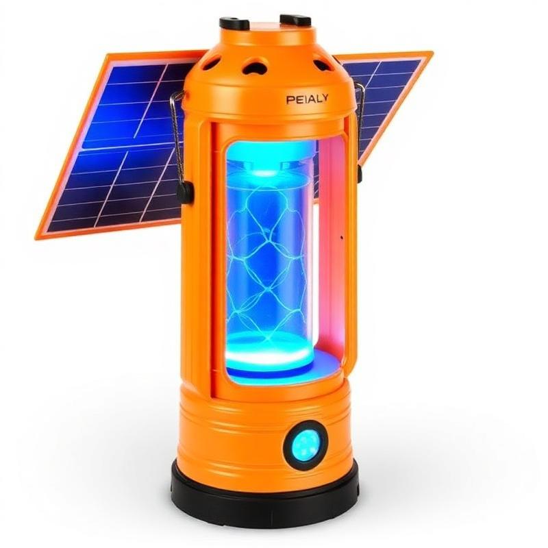 Portable lantern-style solar bug zapper with foldable dual solar panels and built-in LED lantern