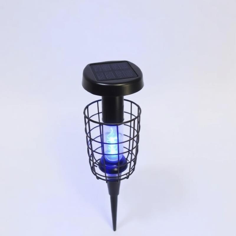 Garden-stake solar mosquito zapper with small solar panel and glowing blue UV bulb
